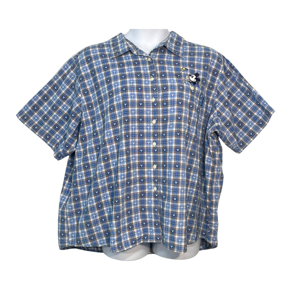 Disney Mickey Unlimited Sz 26W/28W Button Down Blouse Mickey Ears Plaid Blue